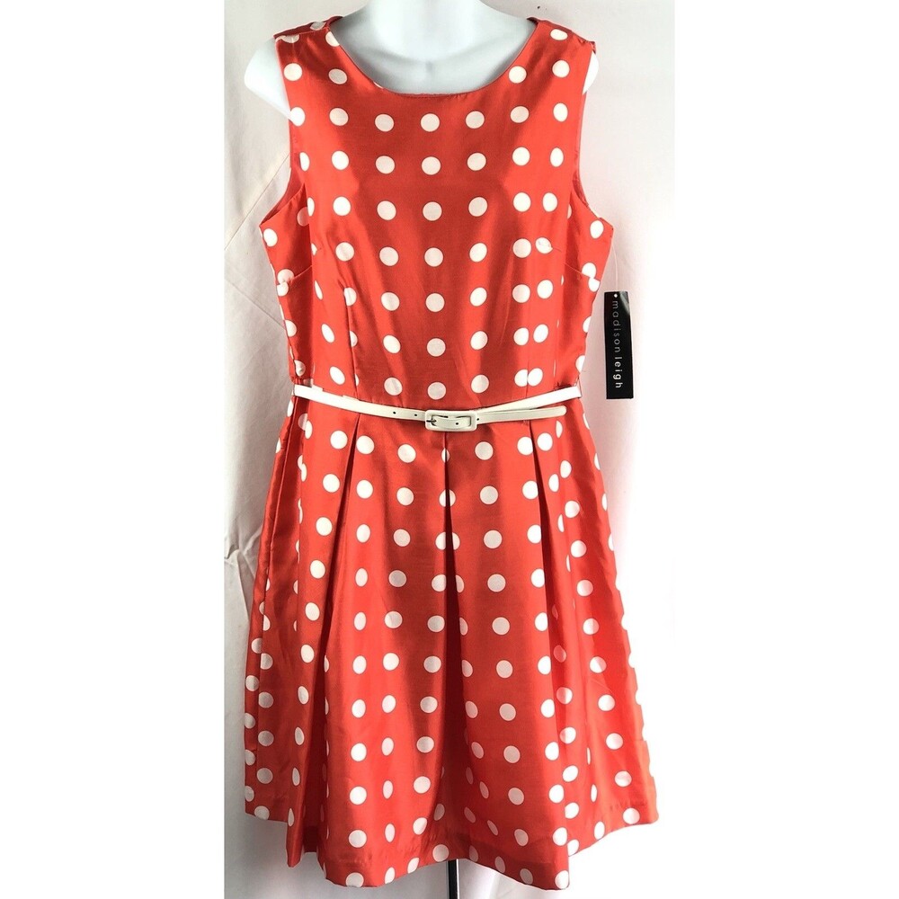NWT Madison Leigh Sleeveless Satin Fit & Flare 12 Coral Polka Dot Coquette